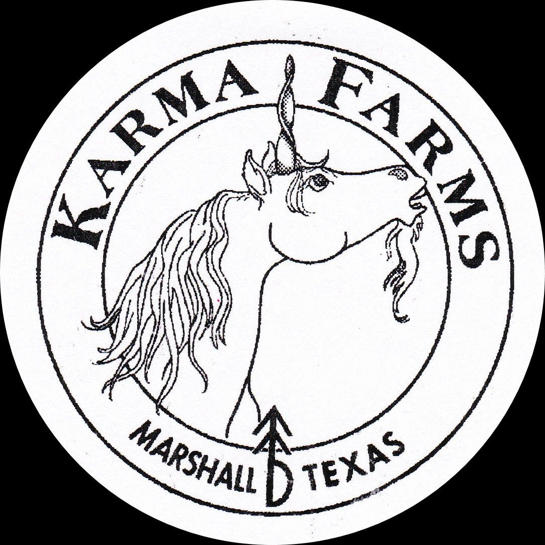 Logo featuring a unicorn and text for Karma Farms, Marshall, Texas.