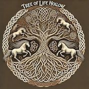 Illustration of two horses intertwined within a Celtic tree of life design.